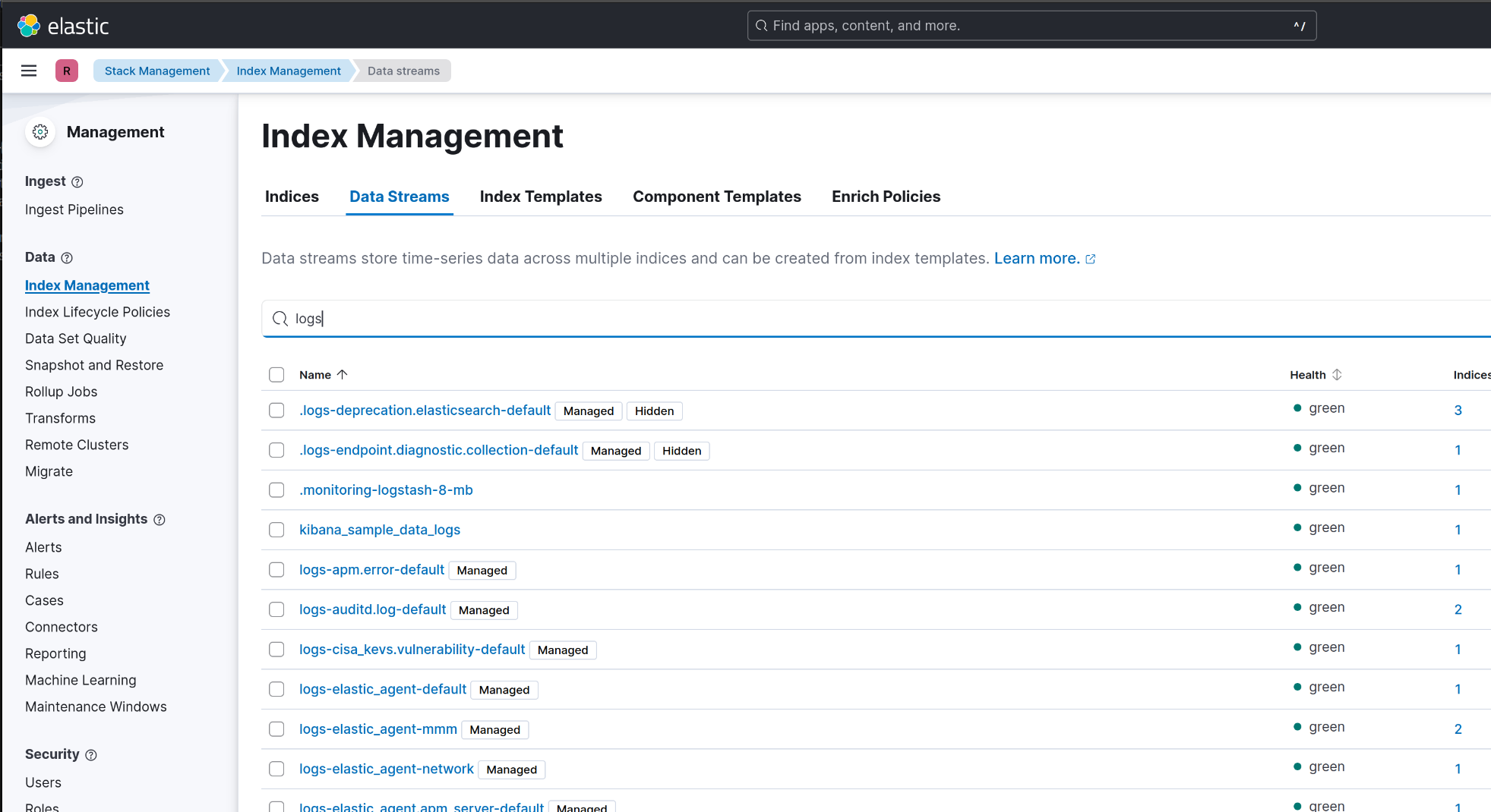 Liste med data streams i Elasticsearch